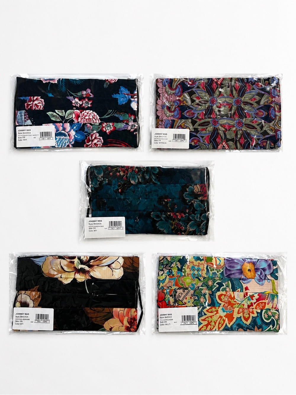 New! Johnny Was Floral & Pattern Face Mask Bundle Multicolor Fabric Silk Cotton
